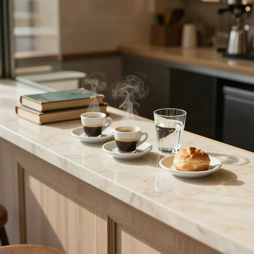 Bancone di marmo romano con tre tazzine, libri chiusi, acqua e brioche, luce morbida.