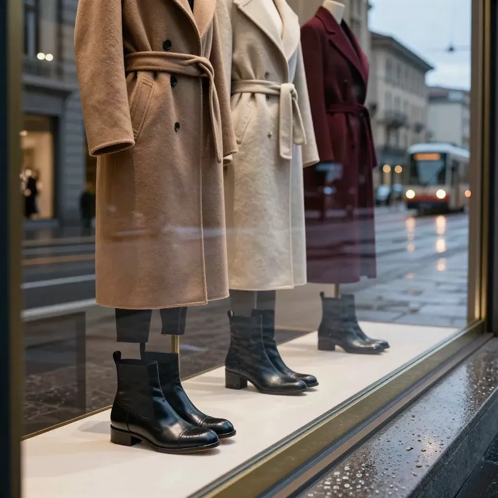 Vetrina milanese al crepuscolo con cappotti, scarpe lucide e riflessi sul pavé bagnato.