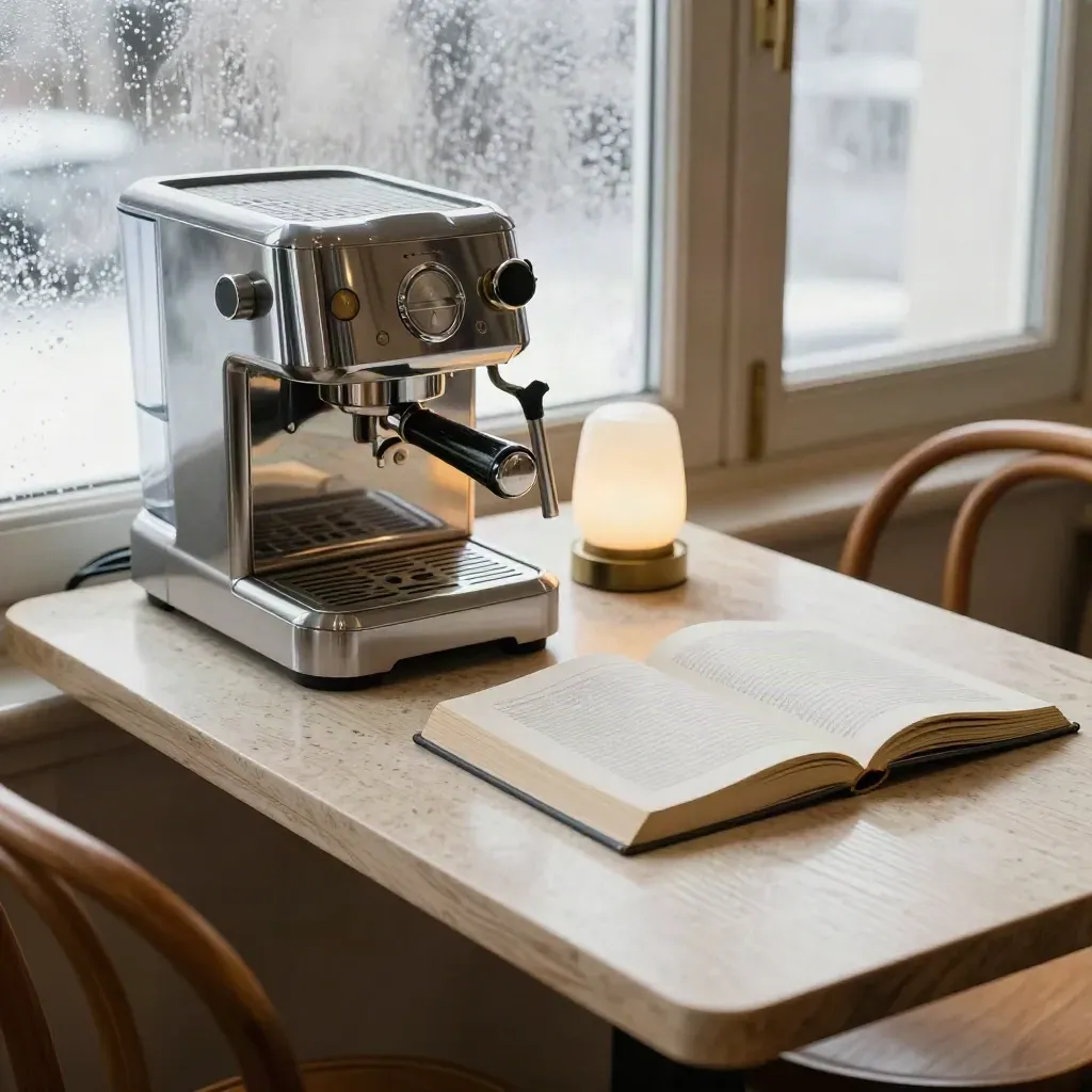Interno di caffè torinese con macchina espresso, libro chiuso, sedia e finestra appannata.