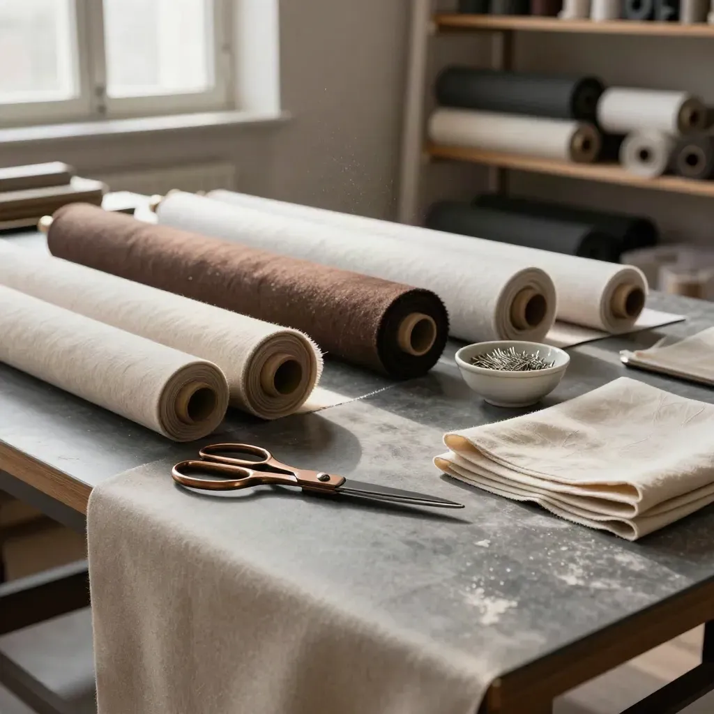 Atelier milanese con tessuti, forbici, spilli e luce diffusa che solleva una stoffa.
