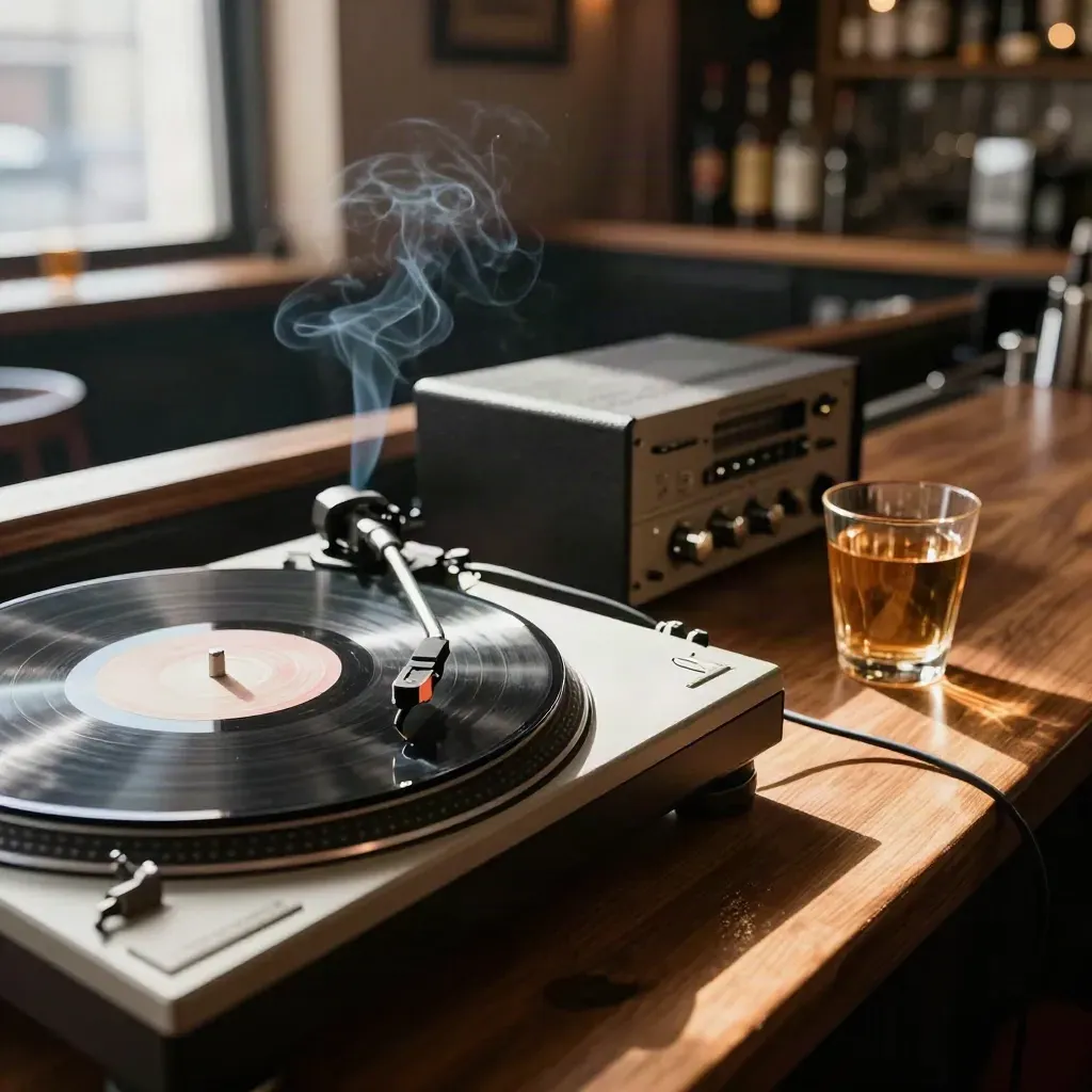 Giradischi in un bar di quartiere con vinile, amplificatore e bicchiere, luce calda del pomeriggio.