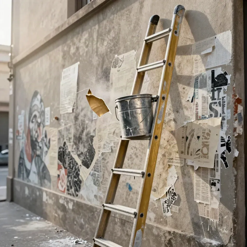 Muro di strada con murales stratificati, secchi di vernice e scaletta in luce mattutina.