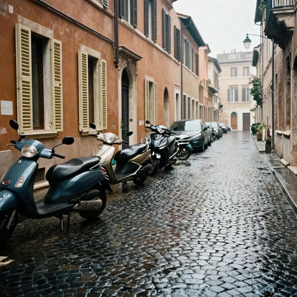 Vicolo romano bagnato di notte, motorini e riflessi tremolanti sotto lampioni al sodio.