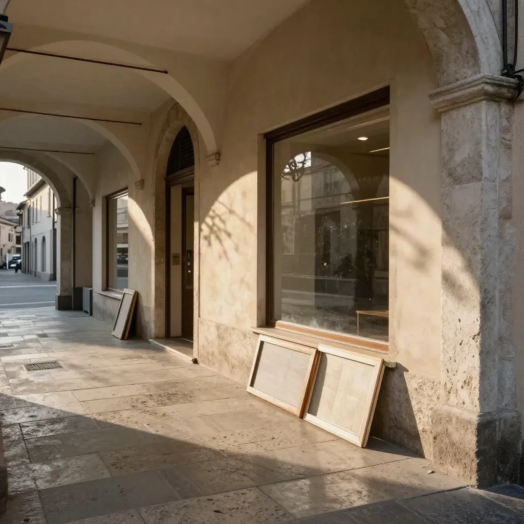 Portico di Brera al tramonto con vetrina vuota, cornici al muro e ombre di rami.