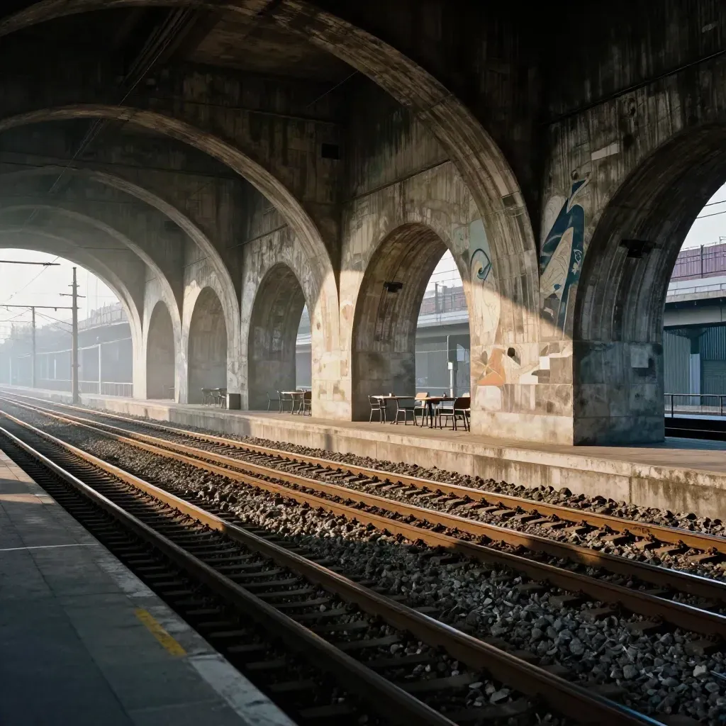 Viadotto ferroviario di Ostiense all’alba, murales, binari e tavolini sotto l’arco.