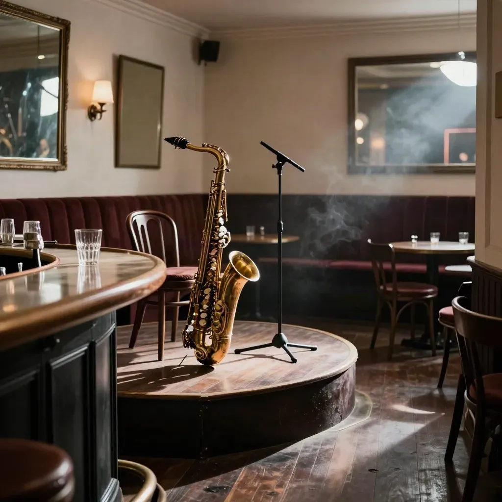 Sala jazz romana vuota con sax su sedia, palco basso, bicchiere al bar e fumo leggero