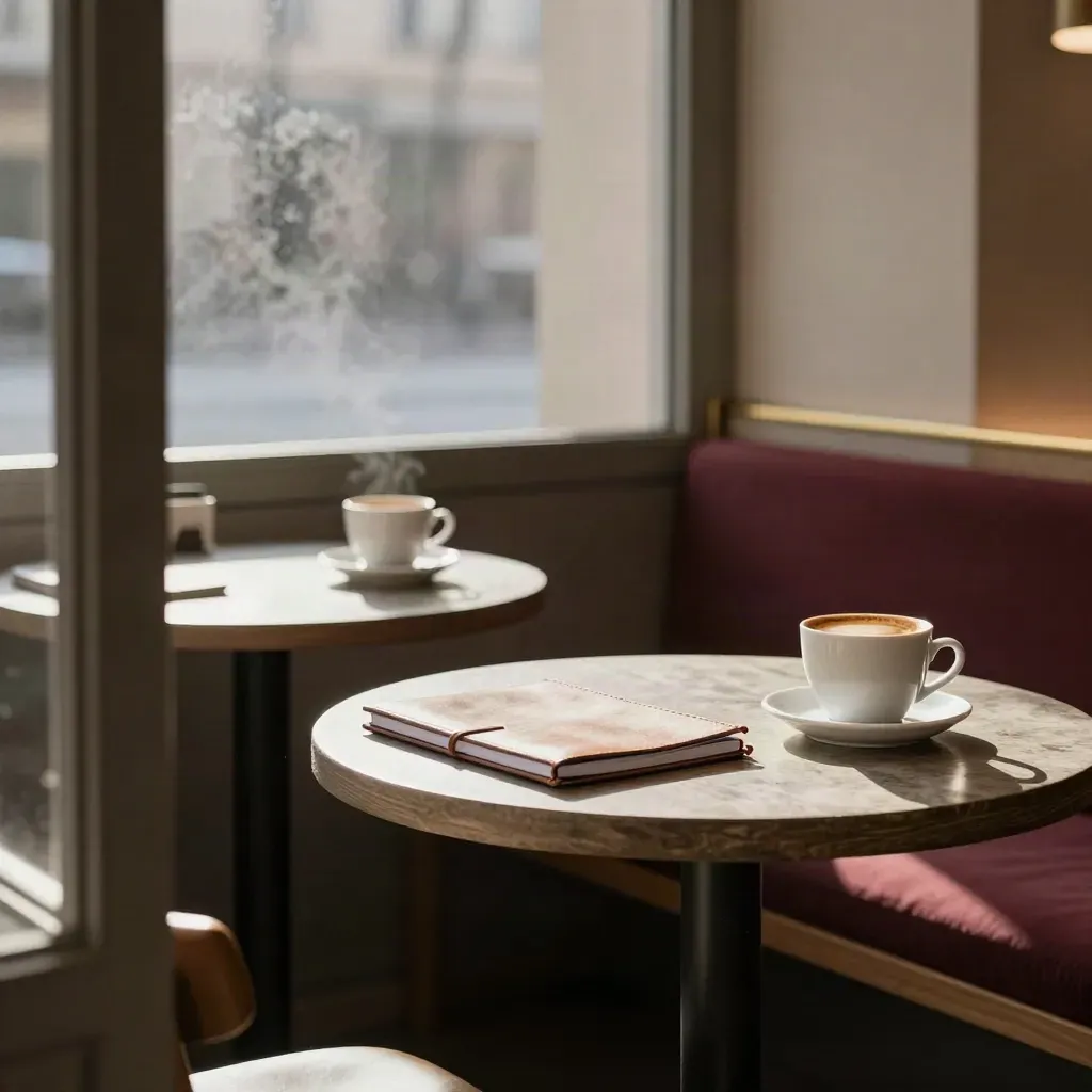Interno di un caffè torinese minimale con tazze vuote e taccuini chiusi nella luce del mattino