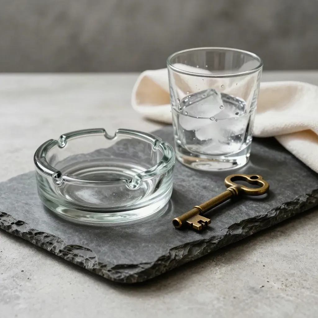 Posacenere fumé, bicchiere con ghiaccio e chiave antica su vassoio di pietra.